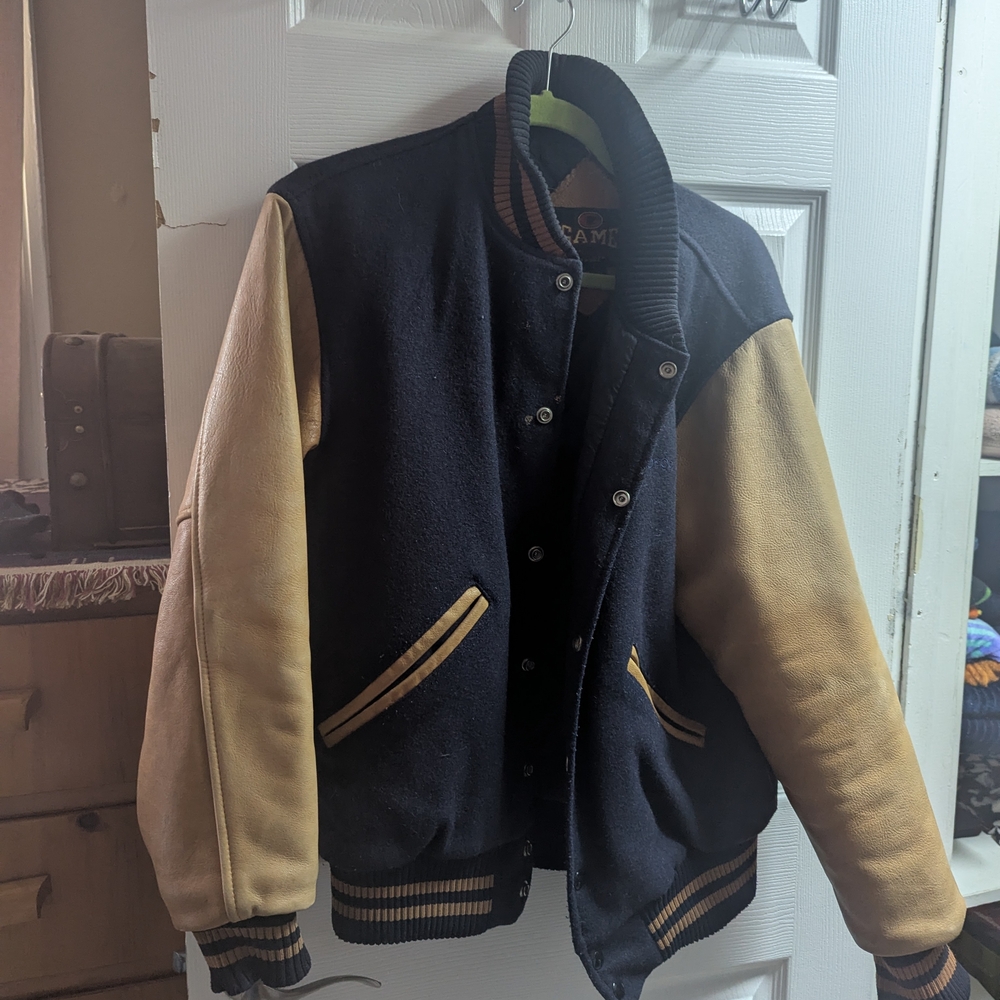 Classic Black and Tan Varsity Bomber Jacket with Ribbed Collar